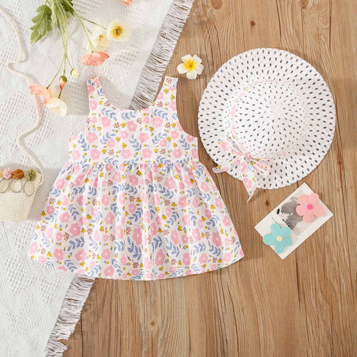 Eboo Baby Girl Summer Flower Printed Bowknot Dress (PINK).