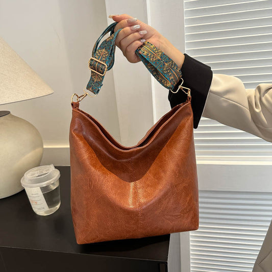 Eboo Wide Strap Shoulder Bag for Women Crossbody Bags Large Capacity Retro PU Leather Handbag for Shopping Travel