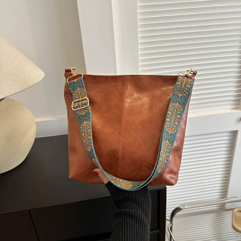 Eboo Wide Strap Shoulder Bag for Women Crossbody Bags Large Capacity Retro PU Leather Handbag for Shopping Travel