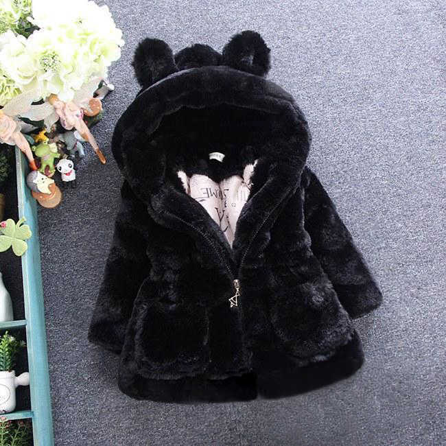 Eboo Girls Winter Warm Hooded Faux Fur Jacket with Cute Ear Design (Black)