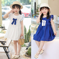 Eboo Cotton Plain White with Blue Bow Dress