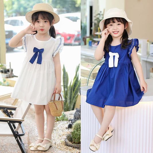 Eboo 100% Cotton Plain White and Blue Bow Summer Dress