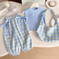 Eboo Summer Girls Suit New Blue Plaid Top with Bow Wide Leg Pants and Backpack Three-piece Set