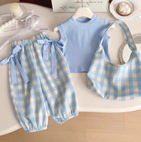 Eboo Summer Girls Suit New Blue Plaid Top with Bow Wide Leg Pants and Backpack Three-piece Set