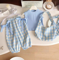 Eboo Summer Girls Suit New Blue Plaid Top with Bow Wide Leg Pants and Backpack Three-piece Set