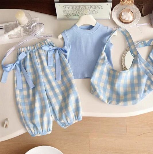 Eboo Summer Girls Suit New Blue Plaid Top with Bow Wide Leg Pants and Backpack Three-piece Set