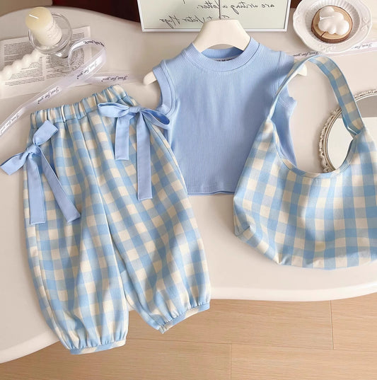 Eboo Summer Girls Suit New Blue Plaid Top with Bow Wide Leg Pants and Backpack Three-piece Set