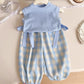 Eboo Summer Girls Suit New Blue Plaid Top with Bow Wide Leg Pants and Backpack Three-piece Set
