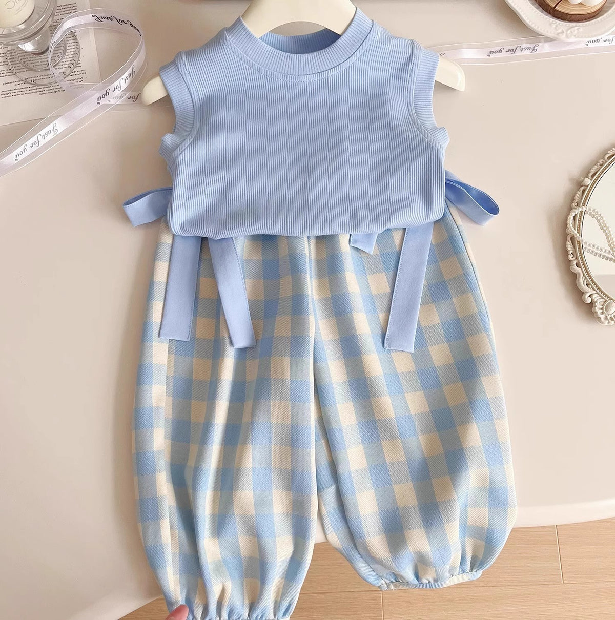 Eboo Summer Girls Suit New Blue Plaid Top with Bow Wide Leg Pants and Backpack Three-piece Set