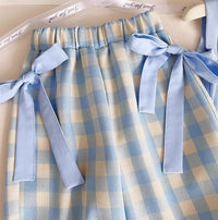 Eboo Summer Girls Suit New Blue Plaid Top with Bow Wide Leg Pants and Backpack Three-piece Set