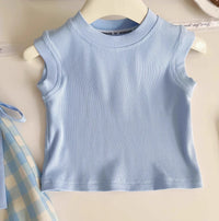 Eboo Summer Girls Suit New Blue Plaid Top with Bow Wide Leg Pants and Backpack Three-piece Set