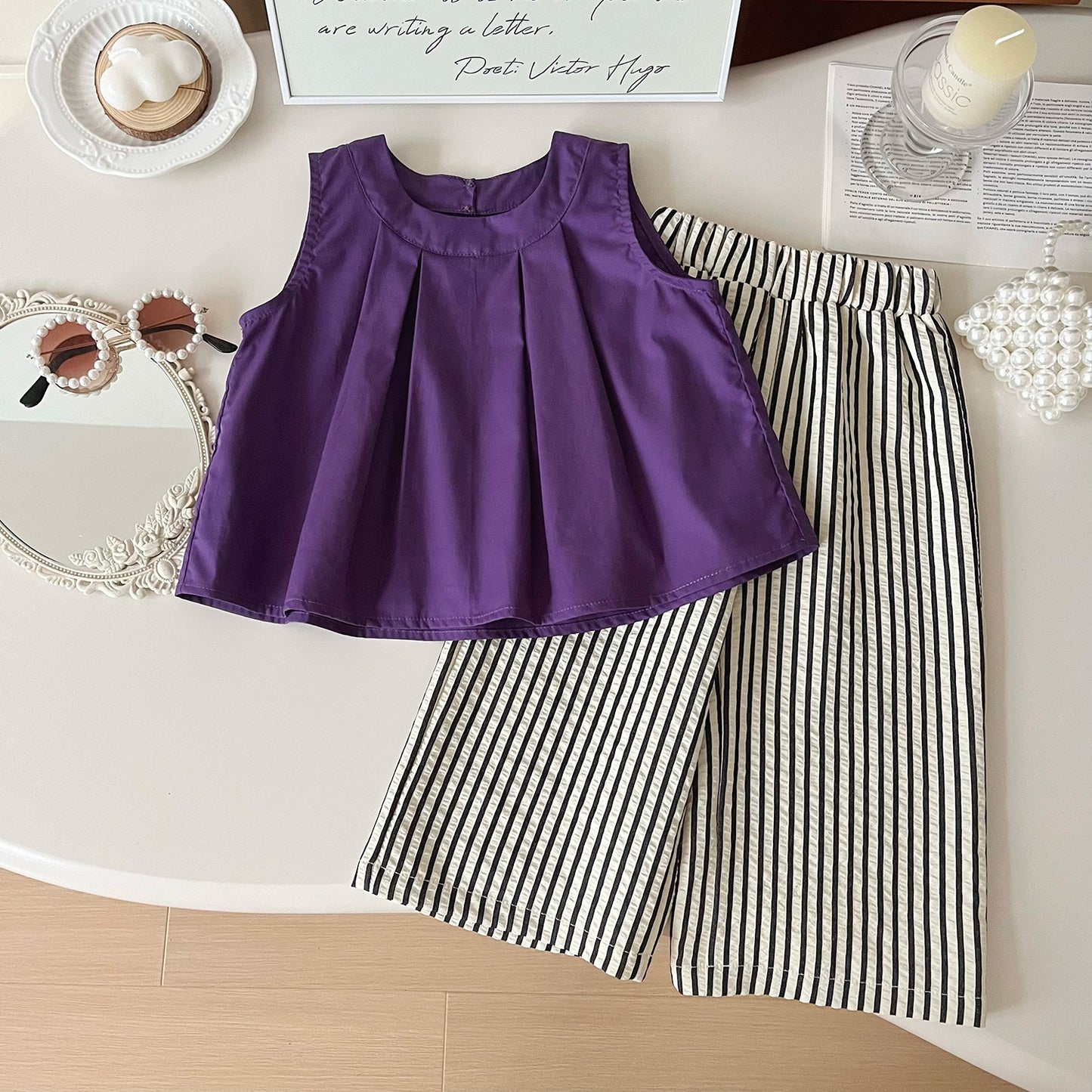 Eboo Bear Leader Vest+Striped Wide Leg Pants Summer Two-piece Set