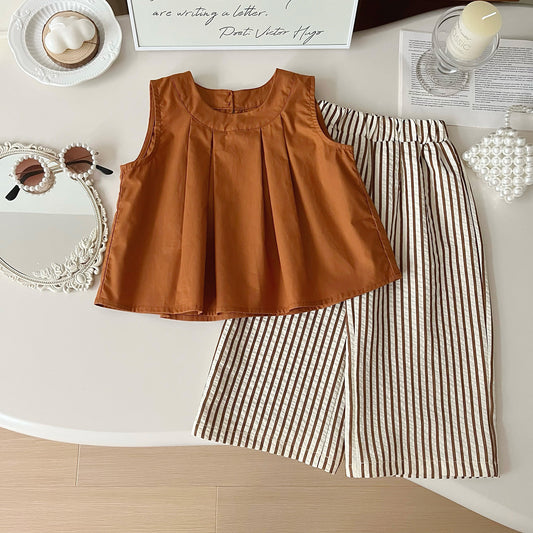 Eboo Bear Leader Vest+Striped Wide Leg Pants Summer Two-piece Set