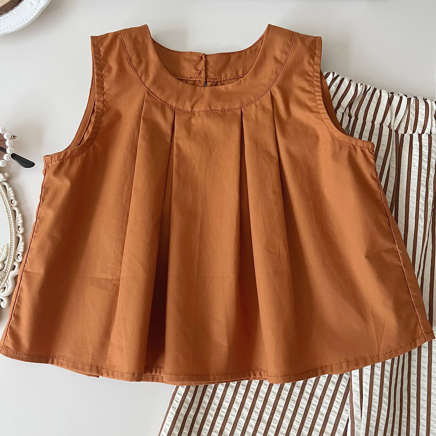 Eboo Bear Leader Vest+Striped Wide Leg Pants Summer Two-piece Set