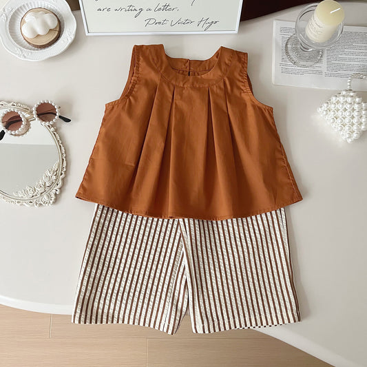 Eboo Bear Leader Vest+Striped Wide Leg Pants Summer Two-piece Set