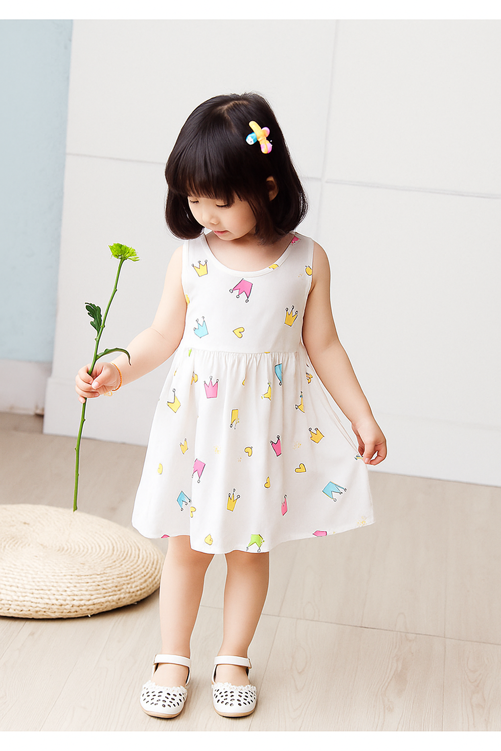 Eboo White Baby Girl Sundress with Crown Print
