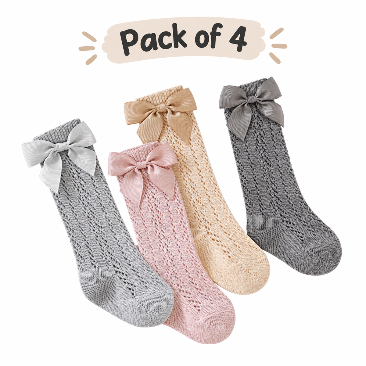 Eboo Girls Lace Knee High Socks with Bow – Pack of 4 | Soft Cotton Long Socks