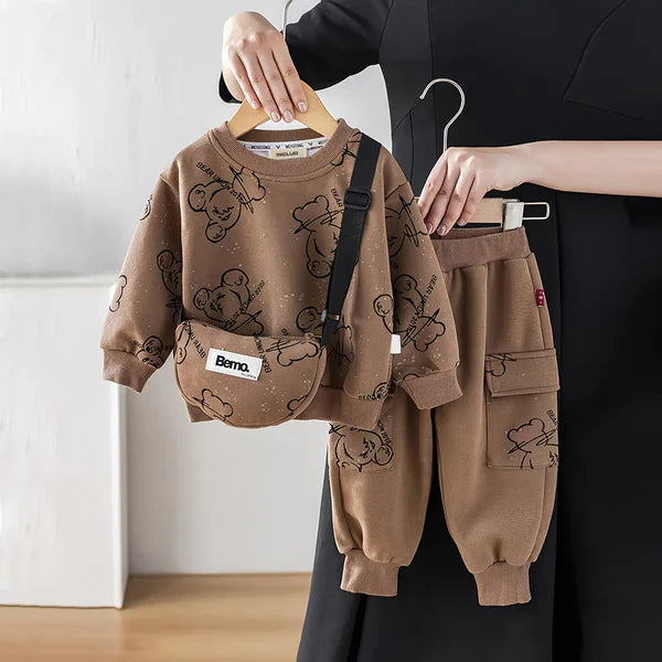 Eboo Boys Bear Printed Sweatshirt With Sling Bag & Jogger Co-ord Set