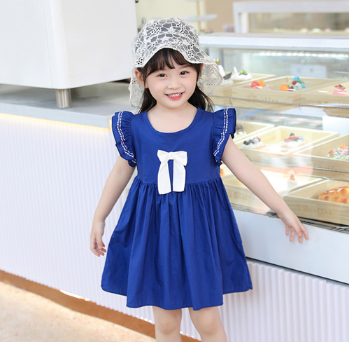 Eboo 100% soft cotton Kids dress Ruffle Ribbon Blue Cute Summer clothes