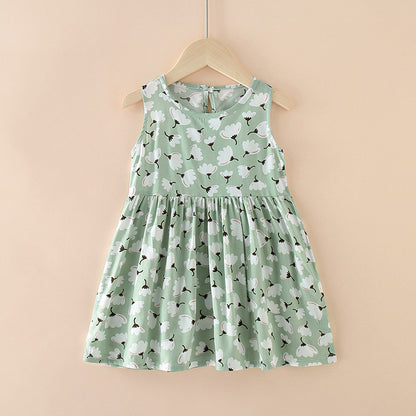 Eboo Green and White Flower Mint Blossom Sleeveless Cotton Dress for Girls