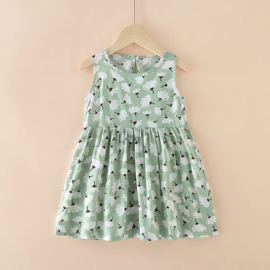Eboo Green and White Flower Mint Blossom Sleeveless Cotton Dress for Girls