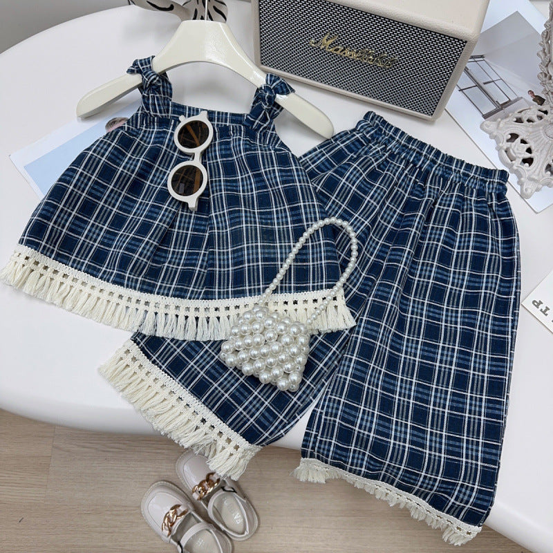 Eboo Girls Korean Summer Plaid Vest Wide Leg Pants 2pcs Outfits