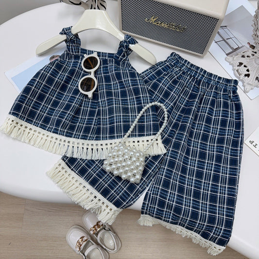 Eboo Girls Korean Summer Plaid Vest Wide Leg Pants 2pcs Outfits