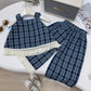 Eboo Girls Korean Summer Plaid Vest Wide Leg Pants 2pcs Outfits