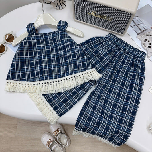 Eboo Girls Korean Summer Plaid Vest Wide Leg Pants 2pcs Outfits