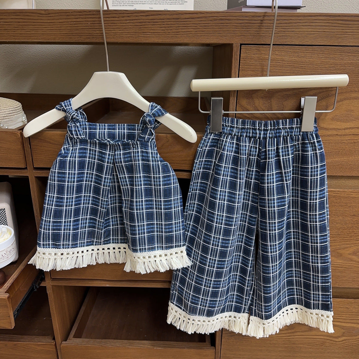 Eboo Girls Korean Summer Plaid Vest Wide Leg Pants 2pcs Outfits