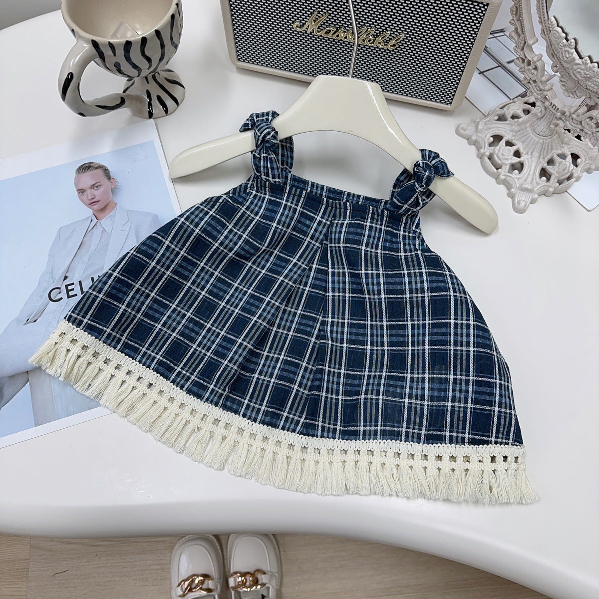Eboo Girls Korean Summer Plaid Vest Wide Leg Pants 2pcs Outfits