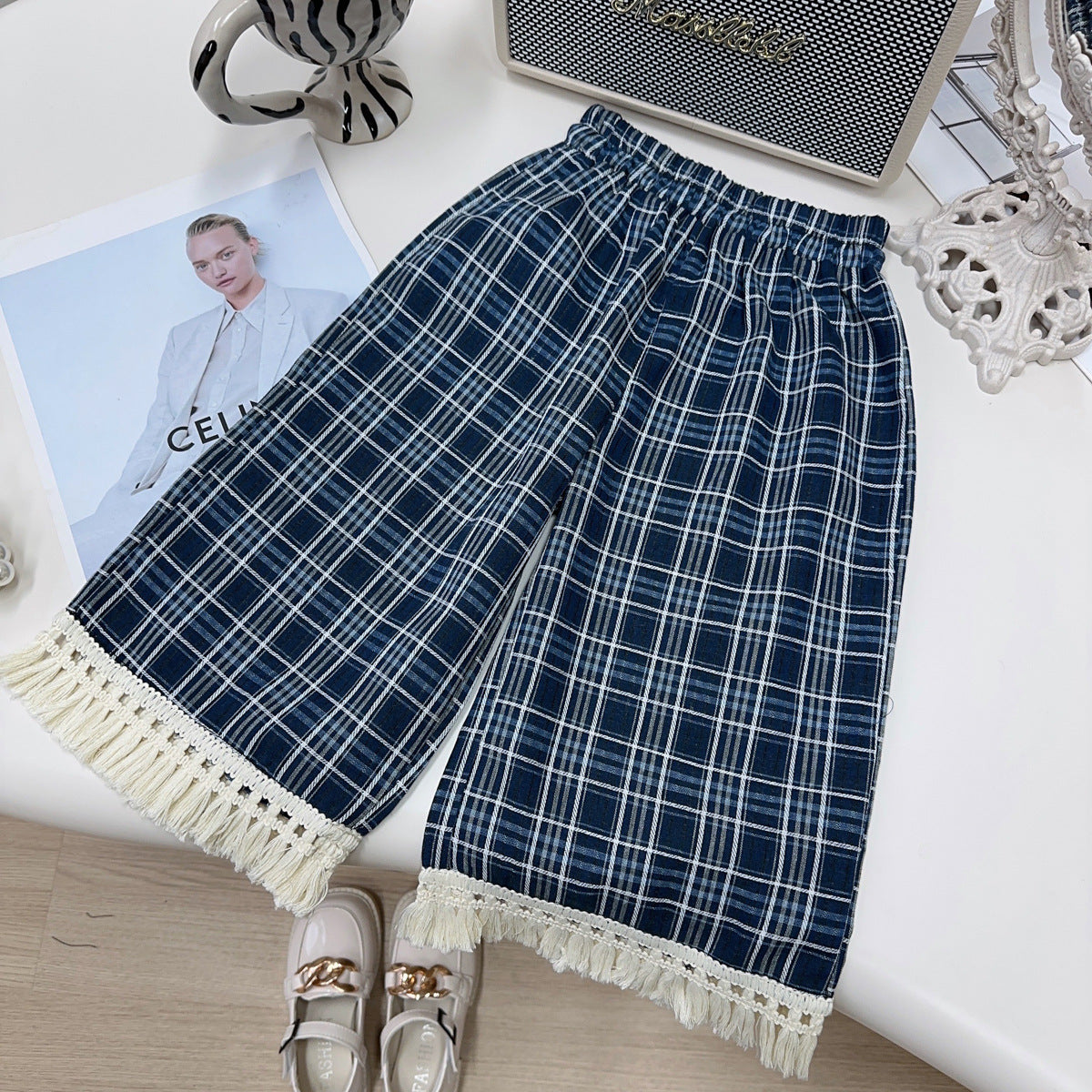 Eboo Girls Korean Summer Plaid Vest Wide Leg Pants 2pcs Outfits