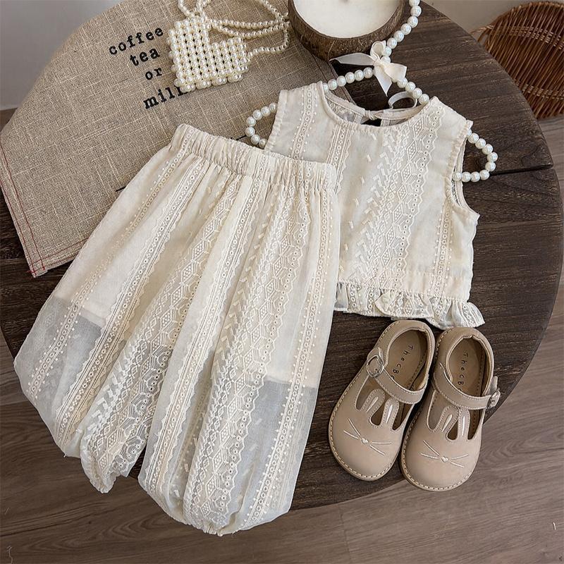 Eboo Girl's Princess Style Set Summer New Children Baby Casual Hollow Lace T-shirt+Pants 2pcs Suit