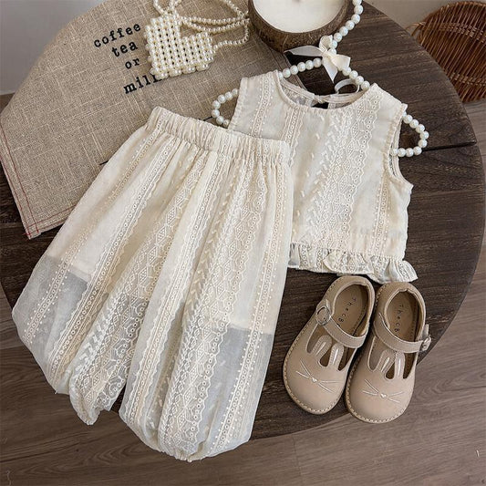 Eboo Girl's Princess Style Set Summer New Children Baby Casual Hollow Lace T-shirt+Pants 2pcs Suit