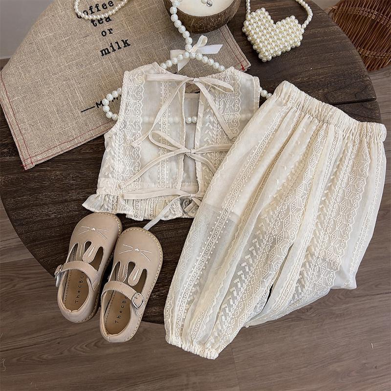 Eboo Girl's Princess Style Set Summer New Children Baby Casual Hollow Lace T-shirt+Pants 2pcs Suit