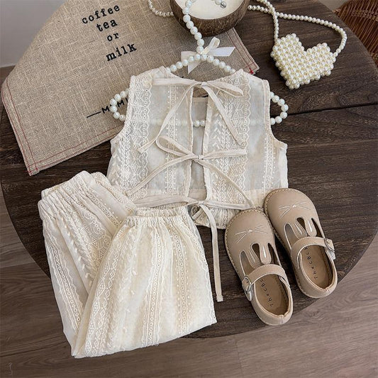 Eboo Girl's Princess Style Set Summer New Children Baby Casual Hollow Lace T-shirt+Pants 2pcs Suit