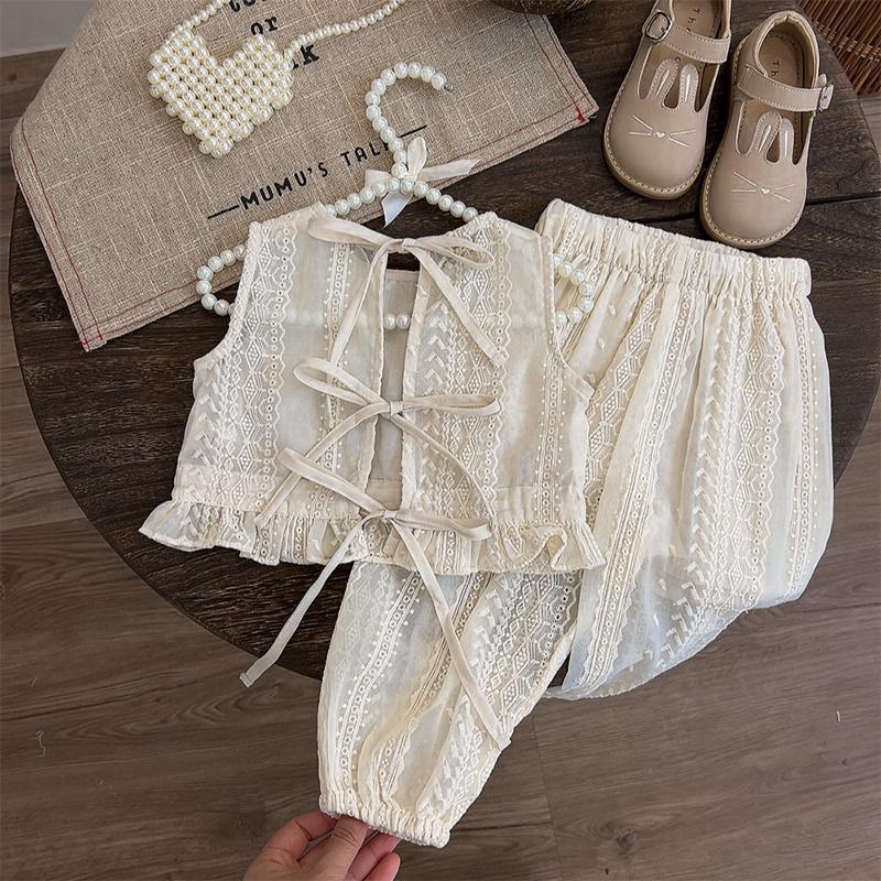 Eboo Girl's Princess Style Set Summer New Children Baby Casual Hollow Lace T-shirt+Pants 2pcs Suit
