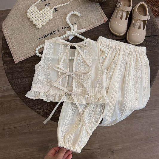 Eboo Girl's Princess Style Set Summer New Children Baby Casual Hollow Lace T-shirt+Pants 2pcs Suit