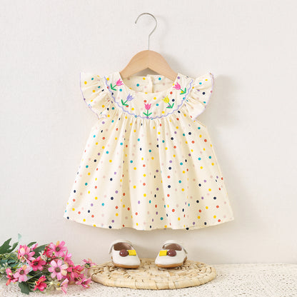 Eboo children's clothing, girls' round-neck flower positioning embroidered dress