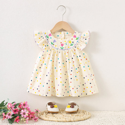 Eboo children's clothing, girls' round-neck flower positioning embroidered dress