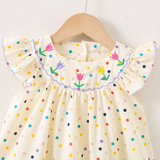 Eboo children's clothing, girls' round-neck flower positioning embroidered dress