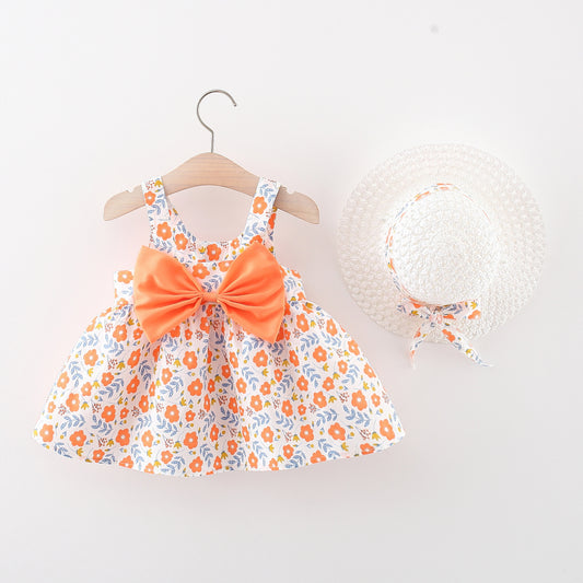 Eboo Toddler Baby Girl Summer Sleeveless Flying Sleeve Printed Bowknot Dress (ORANGE)