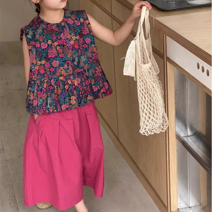 Eboo Stylish Baby Girl 2PCS Set Floral Printed shirt and Solid Soft Wide Leg Pant Girl Outfit