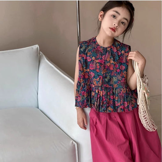 Eboo Stylish Baby Girl 2PCS Set Floral Printed shirt and Solid Soft Wide Leg Pant Girl Outfit