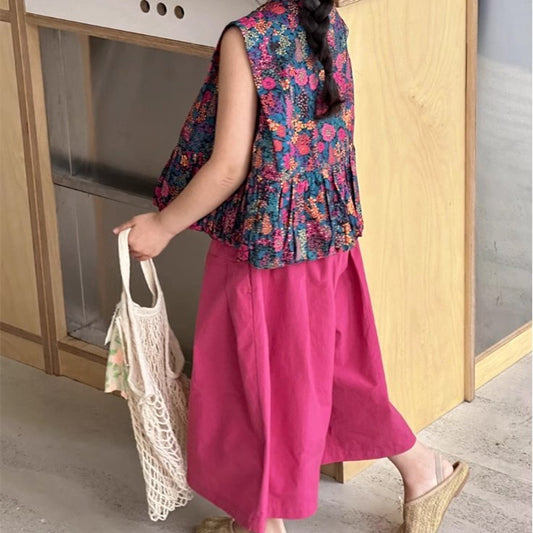 Eboo Stylish Baby Girl 2PCS Set Floral Printed shirt and Solid Soft Wide Leg Pant Girl Outfit