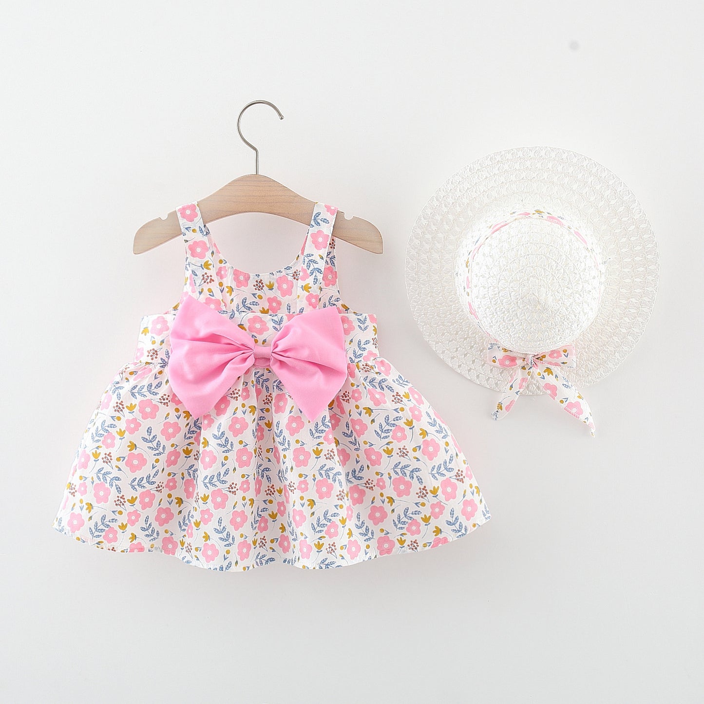 Eboo Toddler Baby Girl Summer Sleeveless Flying Sleeve Printed Bowknot Dress (PINK)