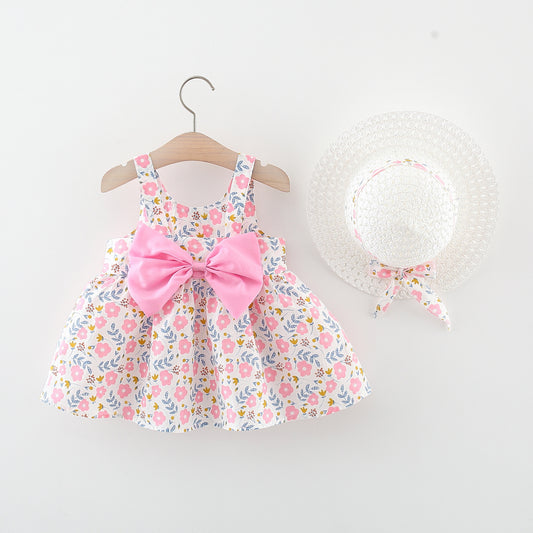 Eboo Toddler Baby Girl Summer Sleeveless Flying Sleeve Printed Bowknot Dress (PINK)