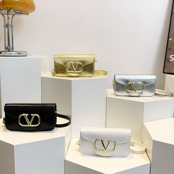 Eboo Luxe Metallic V-Logo Mini Crossbody Bag with Magnetic Flap