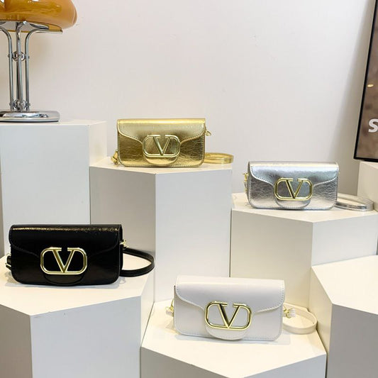 Eboo Luxe Metallic V-Logo Mini Crossbody Bag with Magnetic Flap