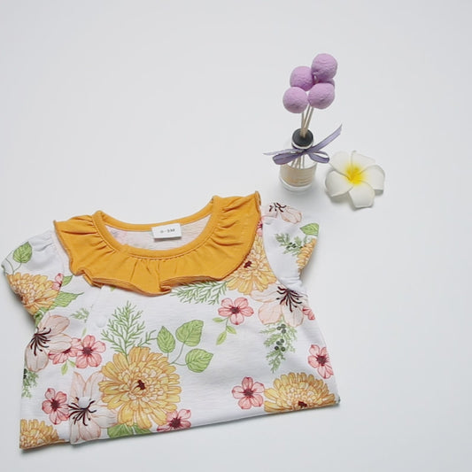 Eboo Baby Floral Print Short Sleeve Romper with Ruffled Collar & Sleeve Edges